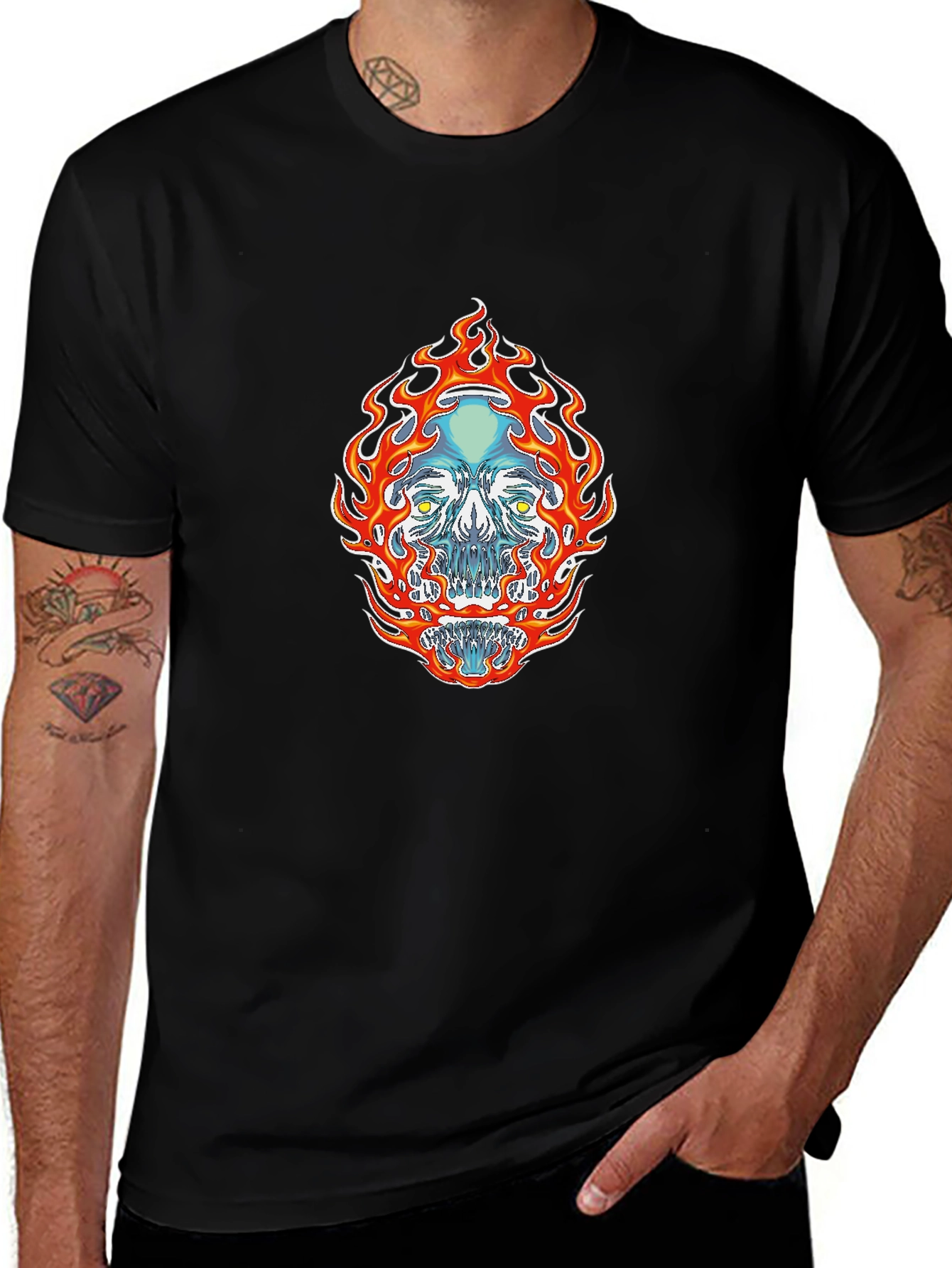 Flaming Skull Graphic Tee - Black Cotton