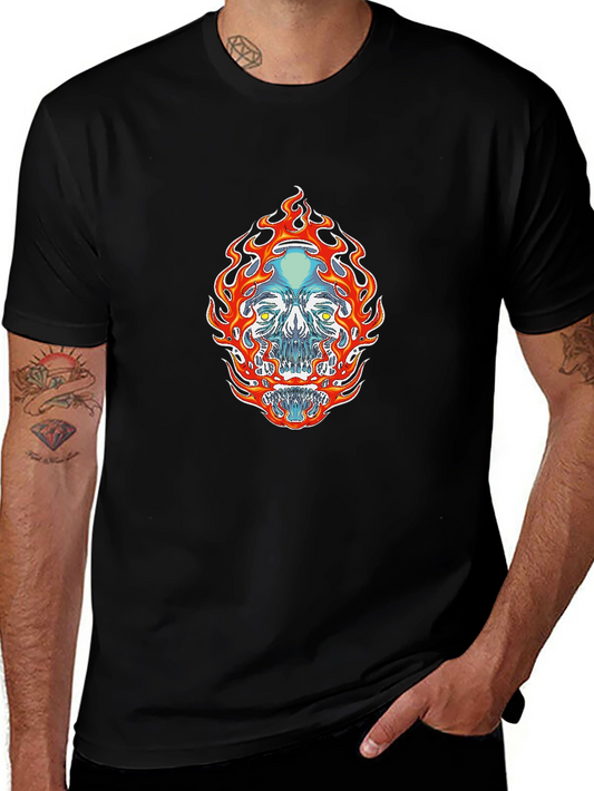 Flaming Skull Graphic Tee - Black Cotton