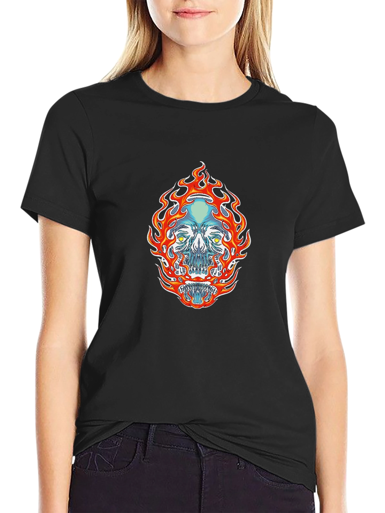 Flaming Skull Graphic Tee - Black Cotton