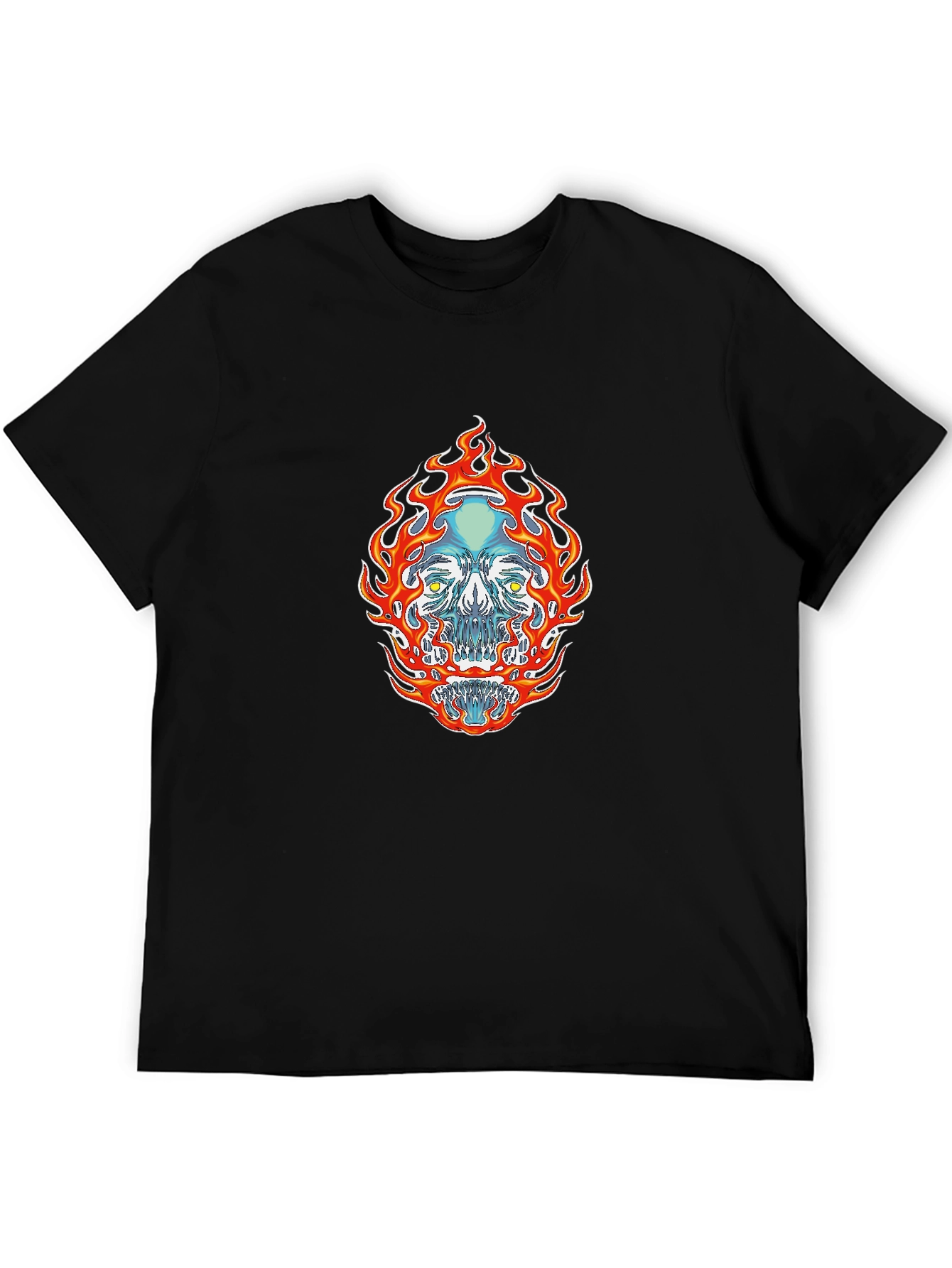 Flaming Skull Graphic Tee - Black Cotton