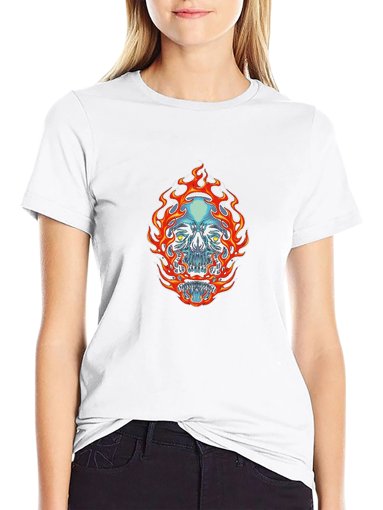 Flaming Skull Graphic Tee - Black Cotton