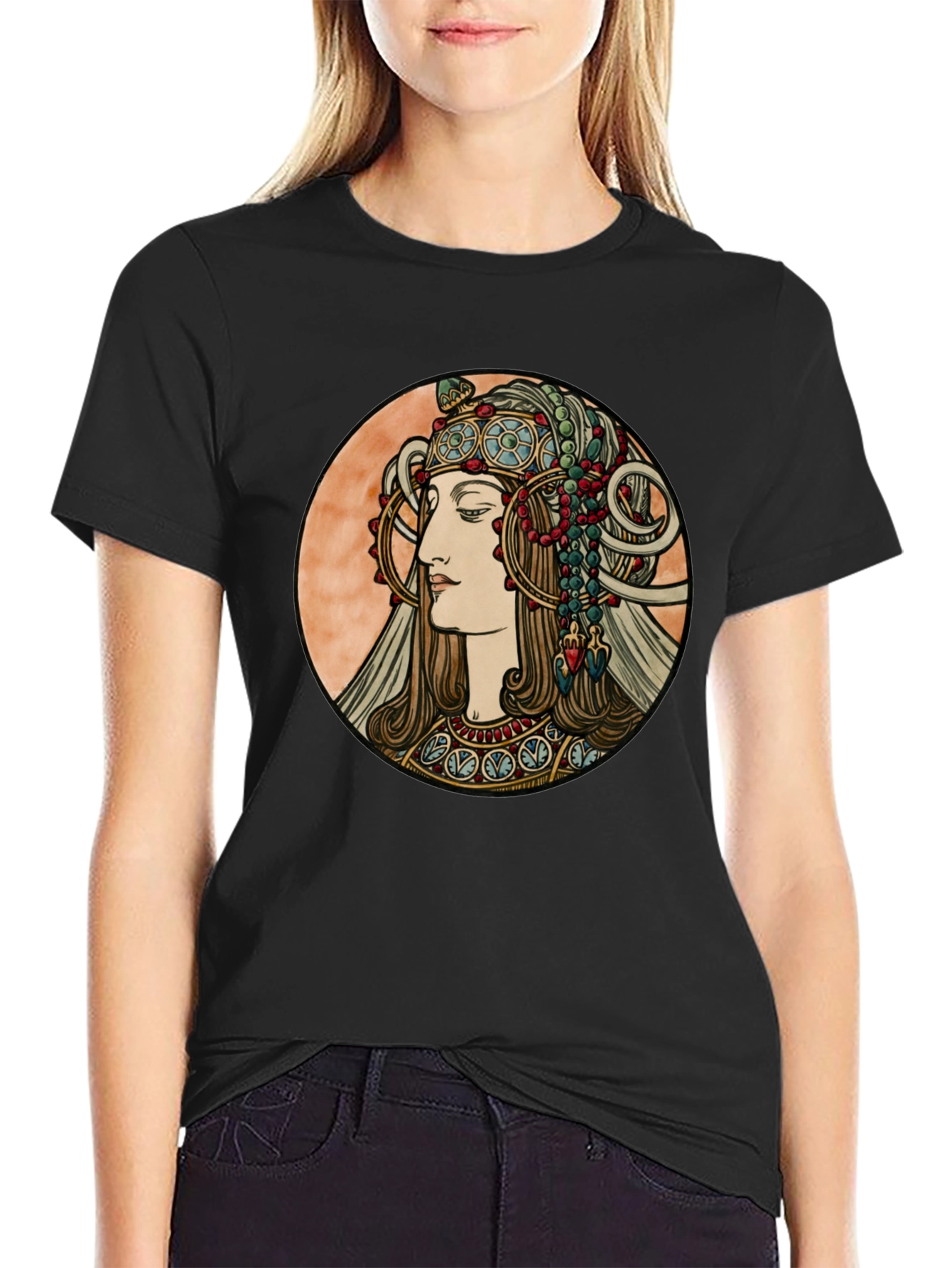 Art Nouveau Woman Graphic Tee - Black Cotton T-Shirt