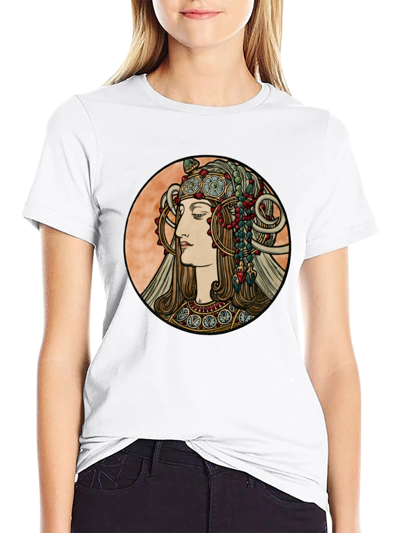 Art Nouveau Woman Graphic Tee - Black Cotton T-Shirt