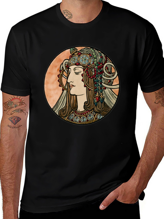 Art Nouveau Woman Graphic Tee - Black Cotton T-Shirt