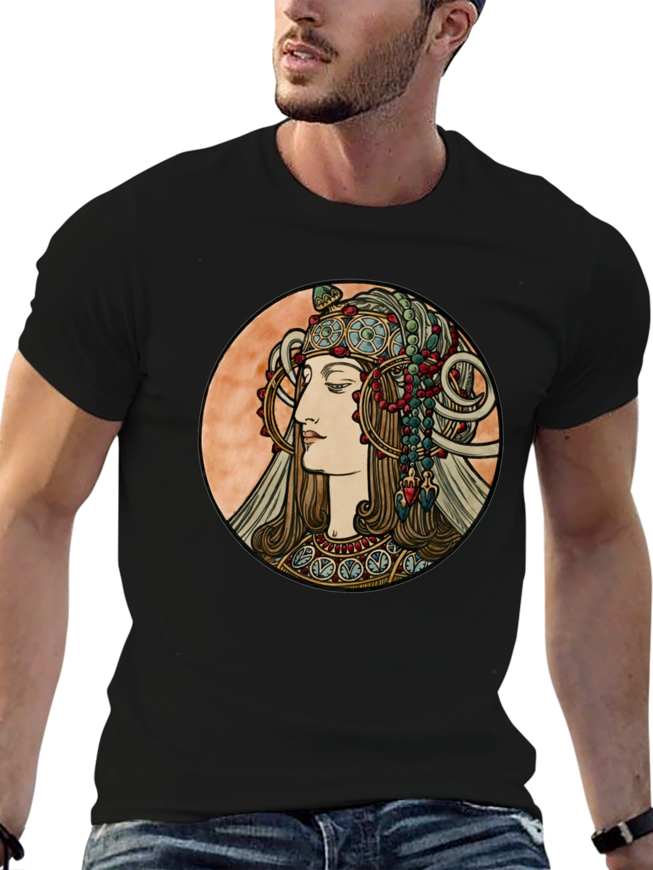 Art Nouveau Woman Graphic Tee - Black Cotton T-Shirt