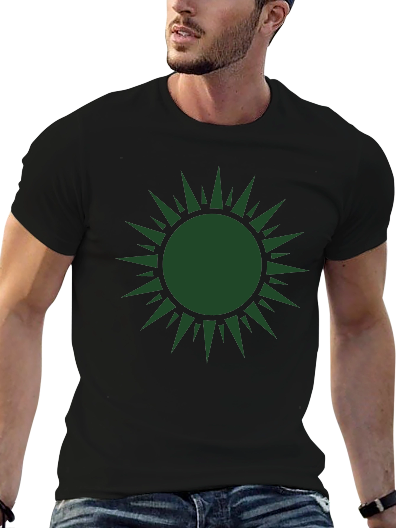 Green Sunburst Graphic Black T-Shirt