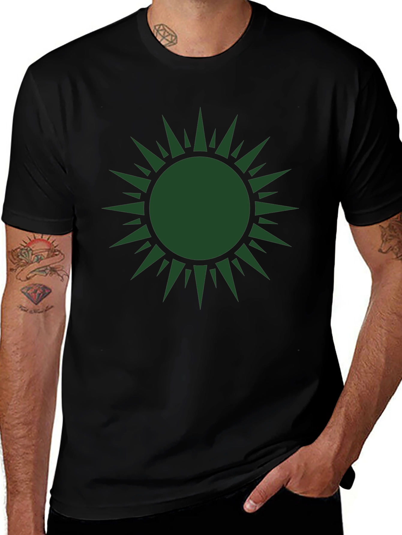 Green Sunburst Graphic Black T-Shirt