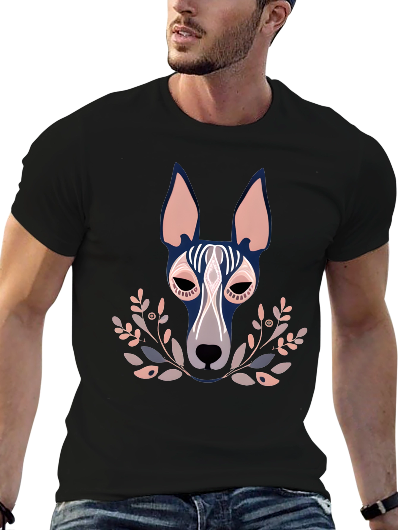 Dog Head Graphic Print Black Crewneck T-Shirt