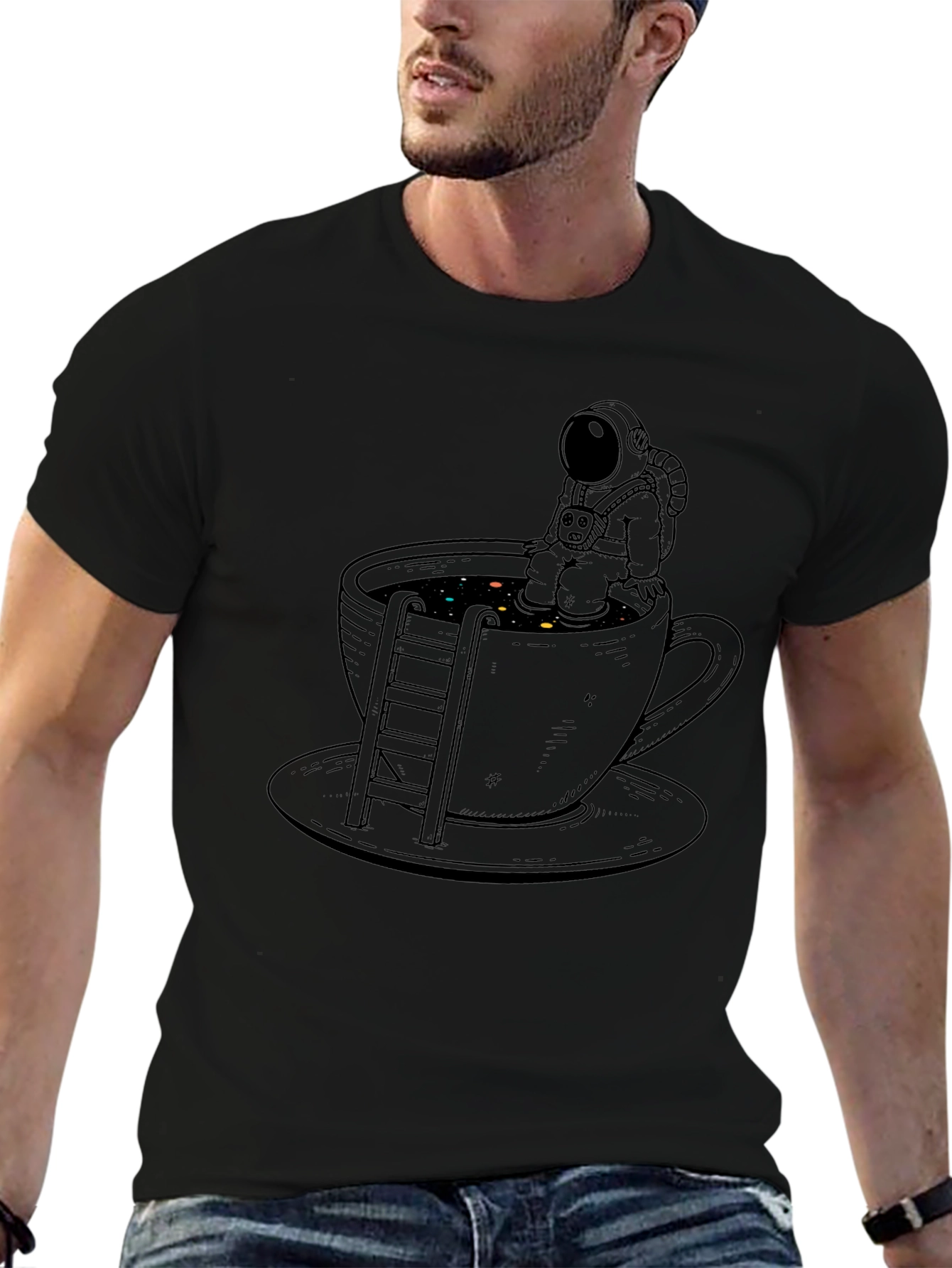 Astronaut Coffee Cup Graphic Tee - Black