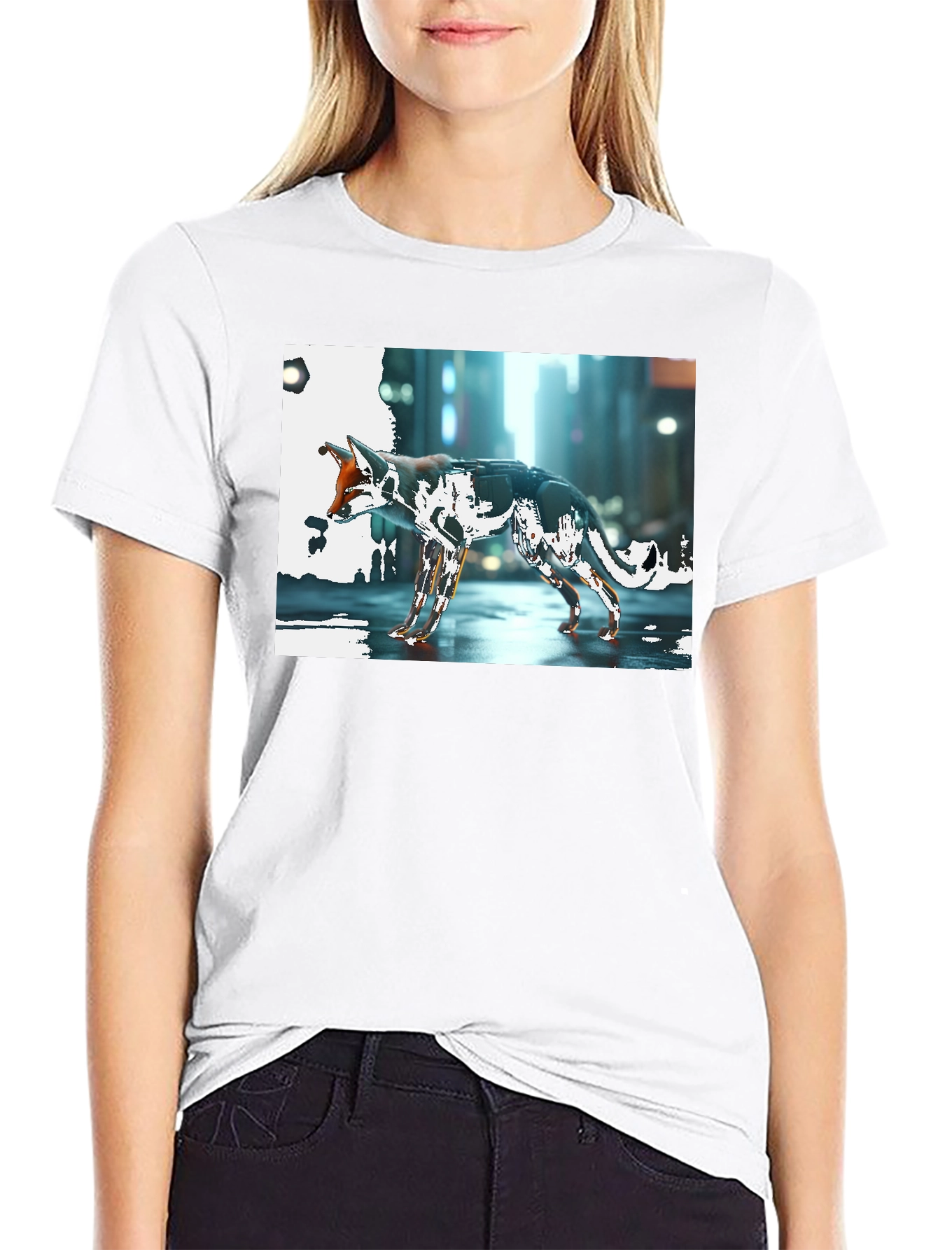 Cyberpunk Fox Graphic Black T-Shirt