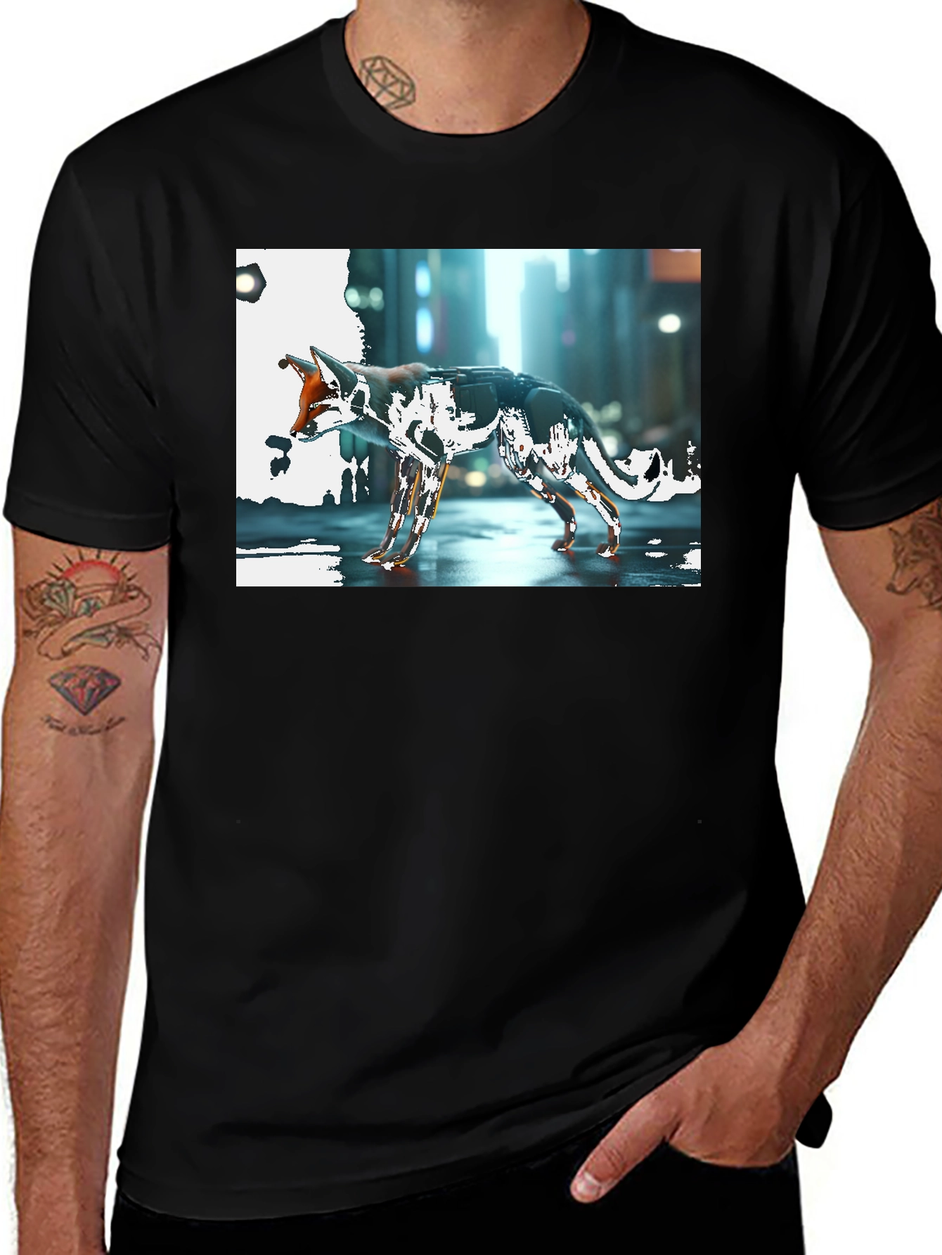 Cyberpunk Fox Graphic Black T-Shirt