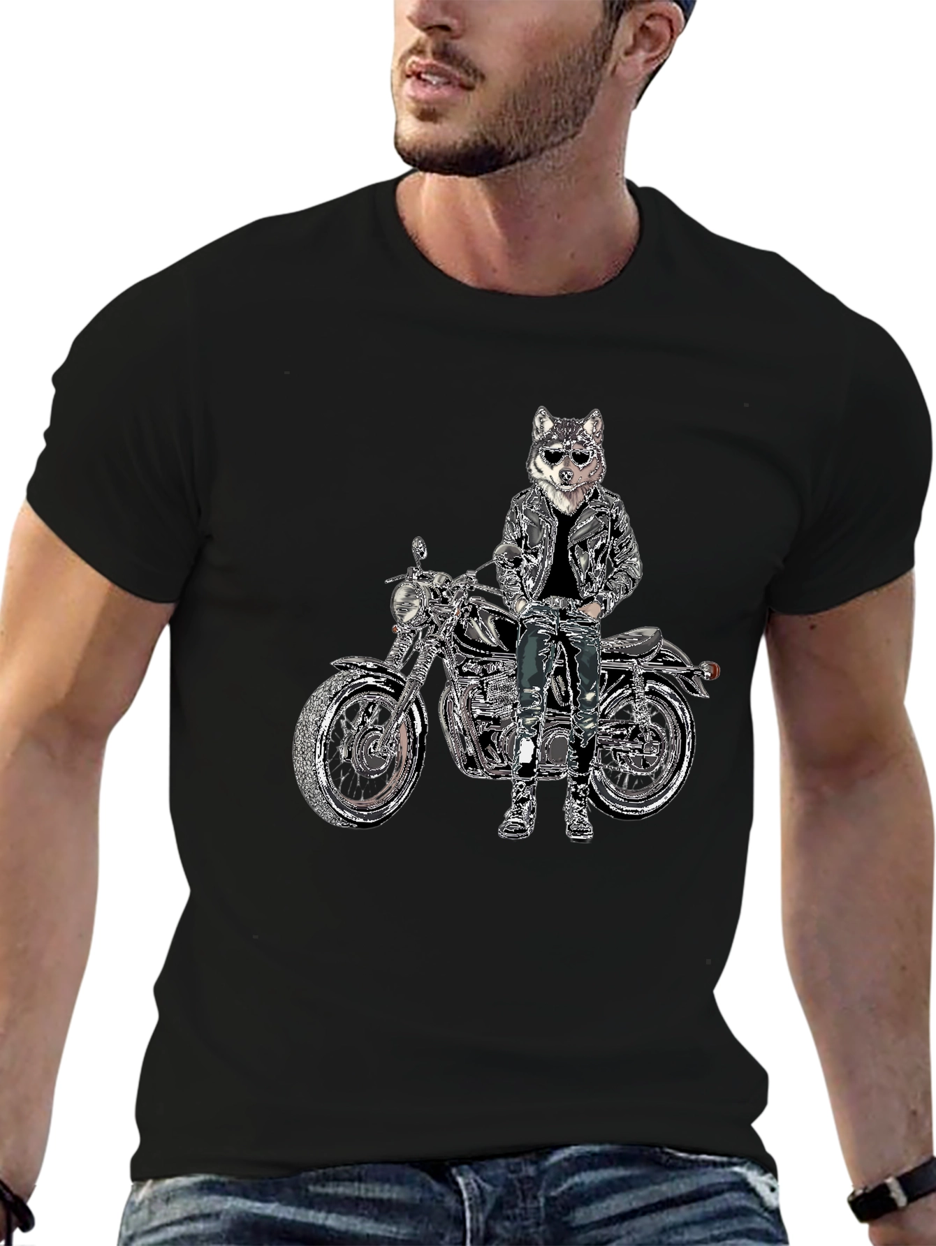 Mens Black T-Shirt with Biker Dog Design