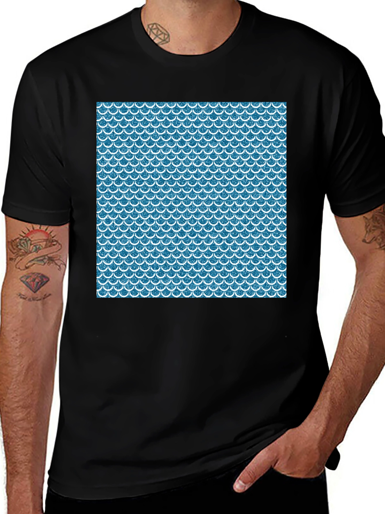 Blue Scale Pattern Black T-Shirt