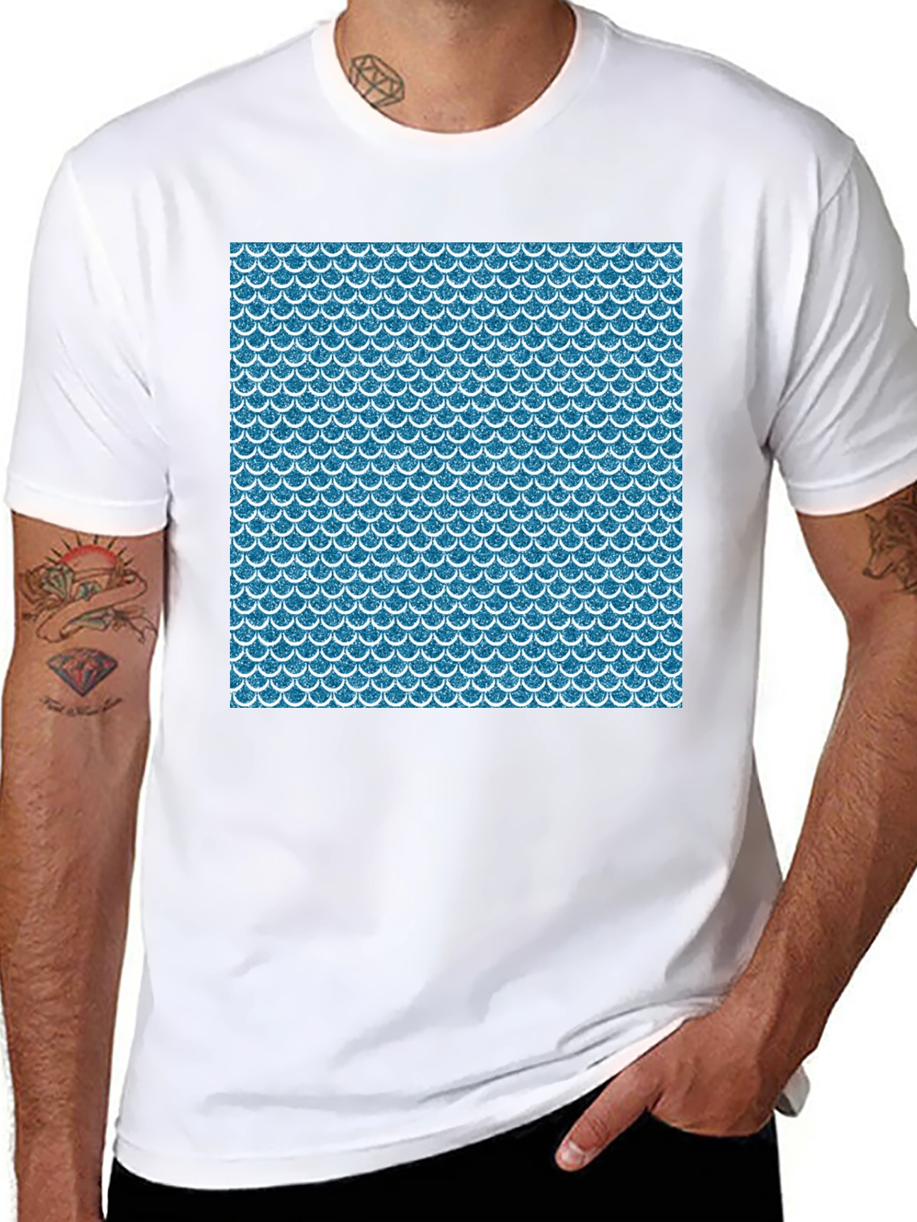 Blue Scale Pattern Black T-Shirt