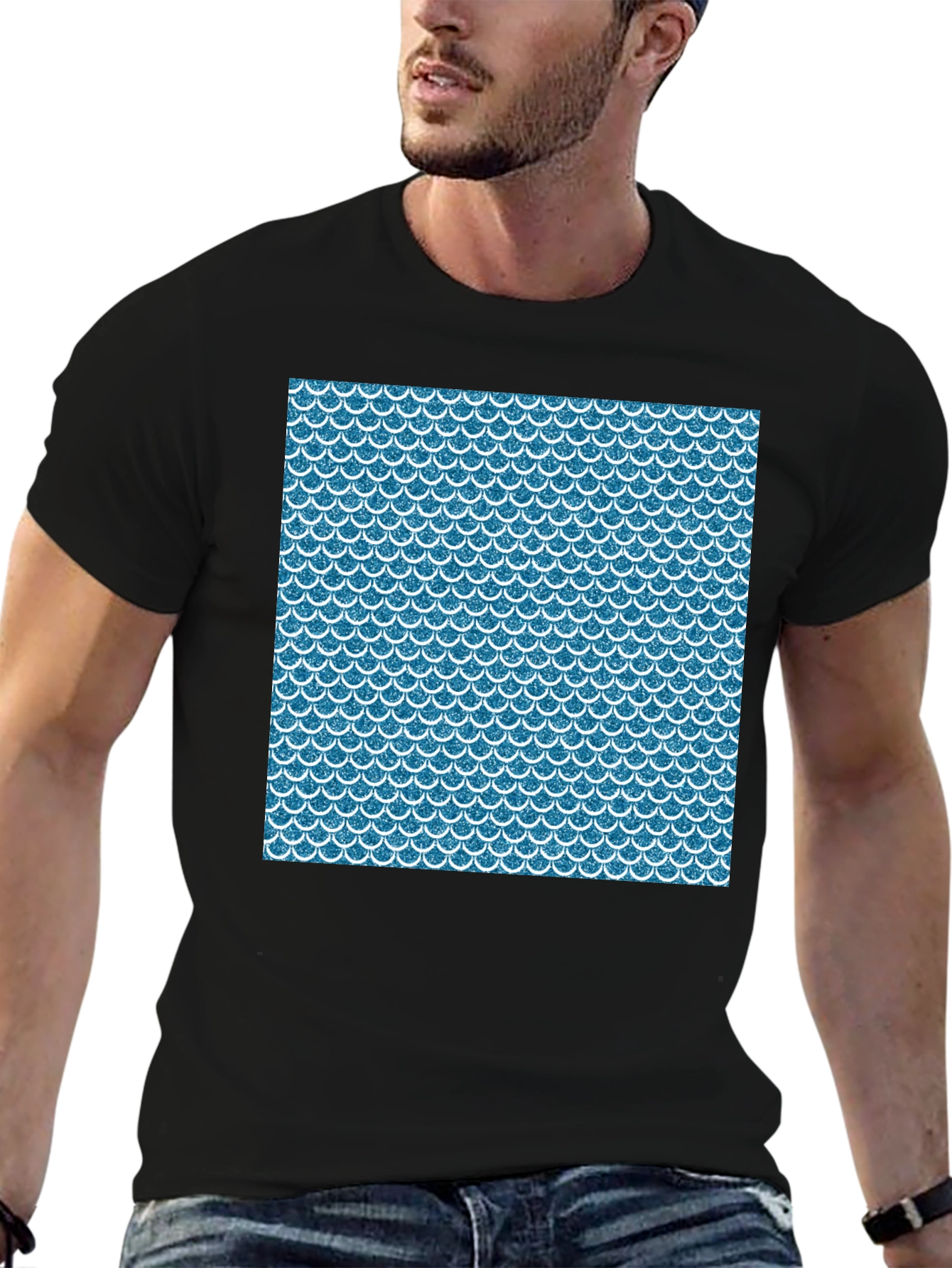 Blue Scale Pattern Black T-Shirt