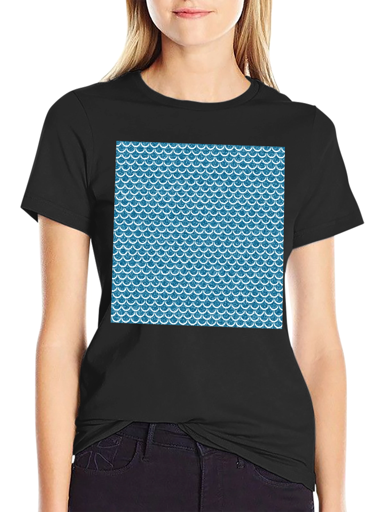 Blue Scale Pattern Black T-Shirt