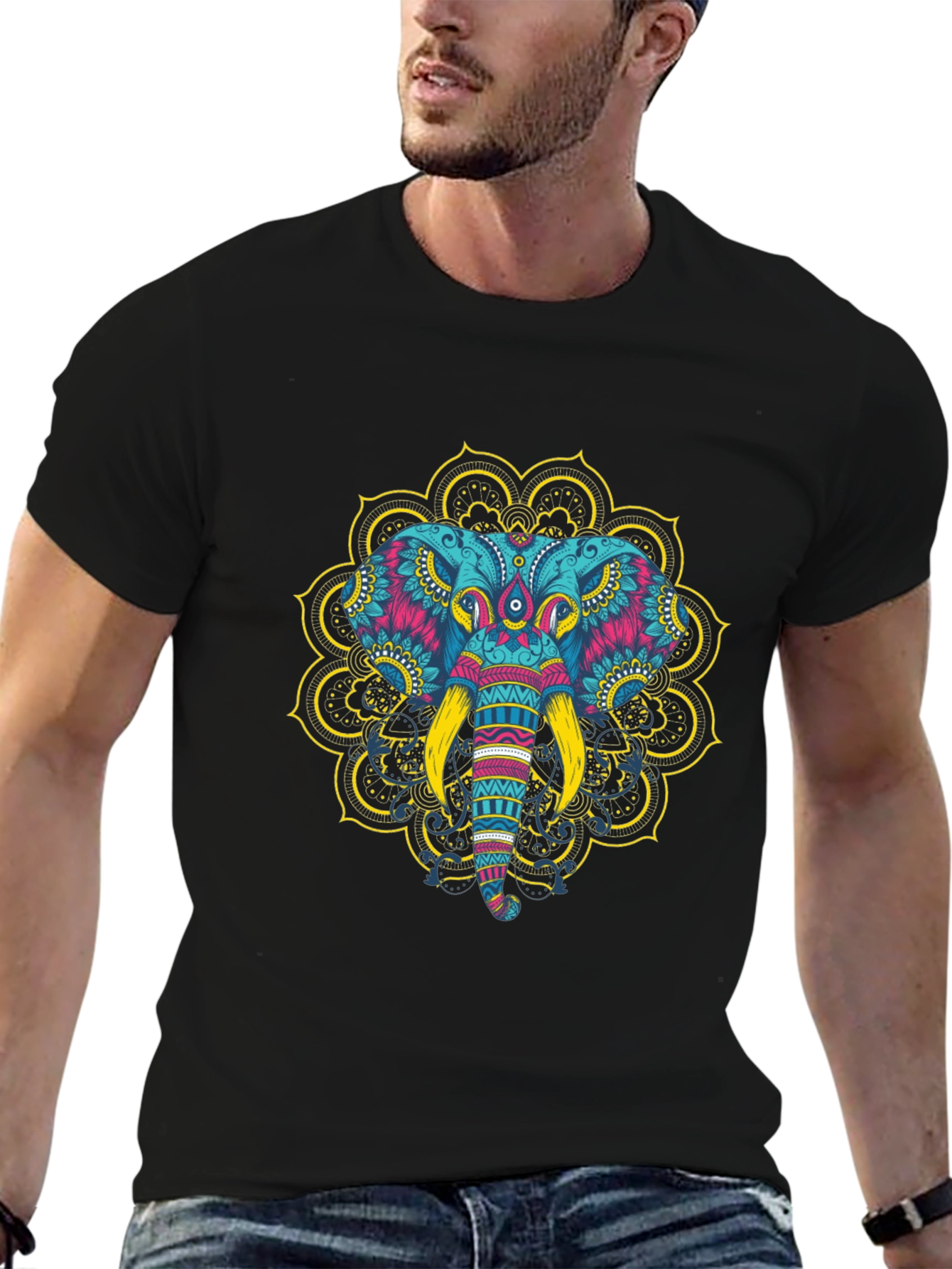 Elephant Mandala Graphic Tee - Black