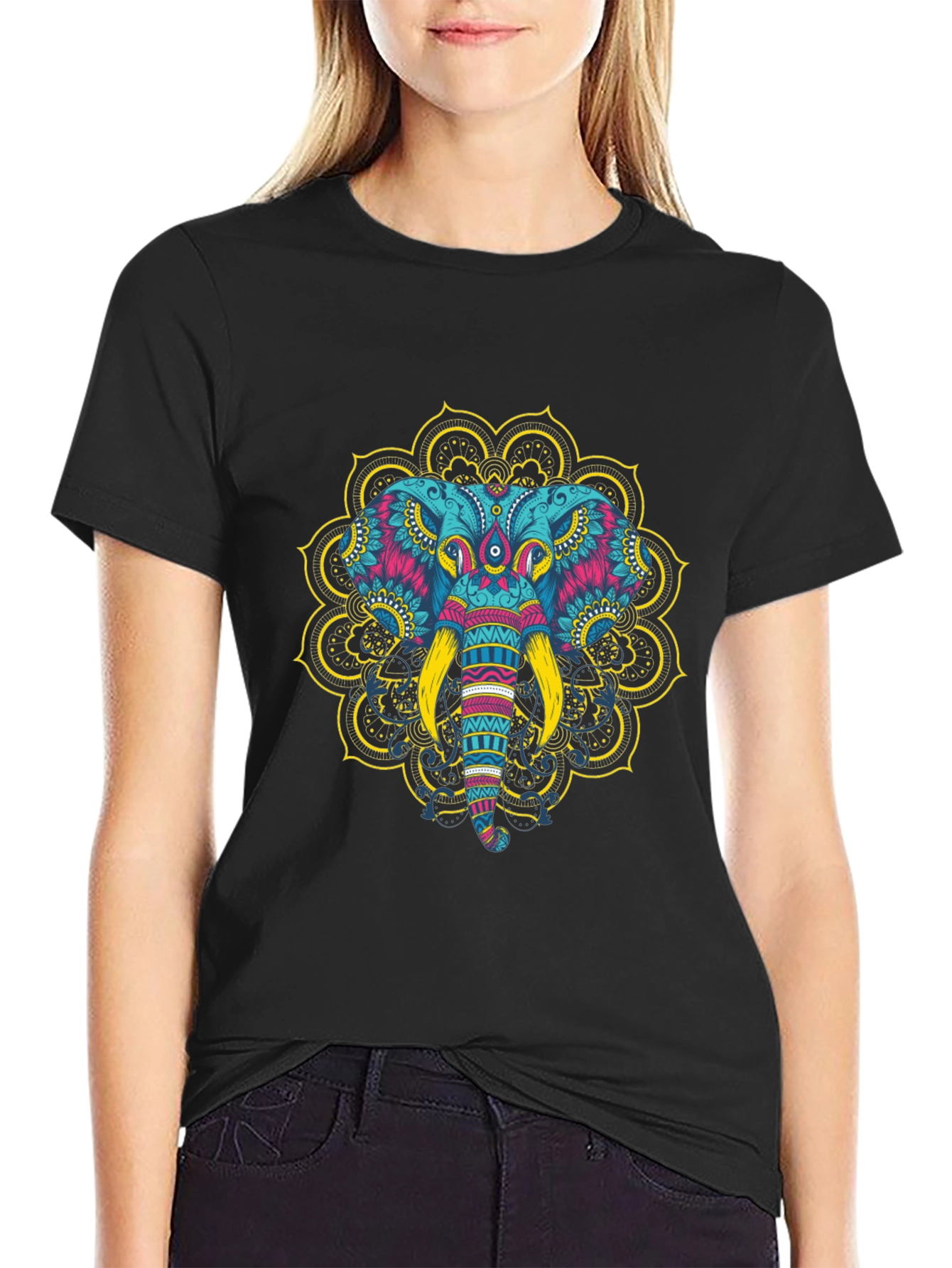 Elephant Mandala Graphic Tee - Black