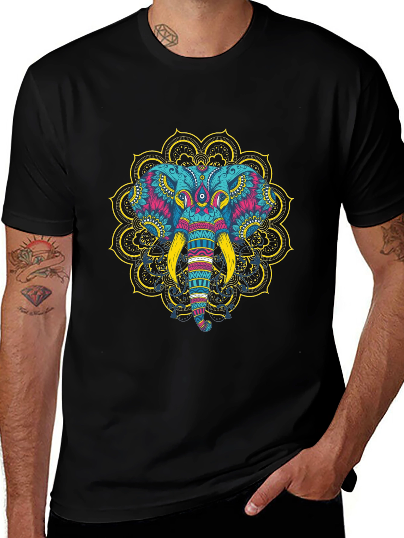 Elephant Mandala Graphic Tee - Black