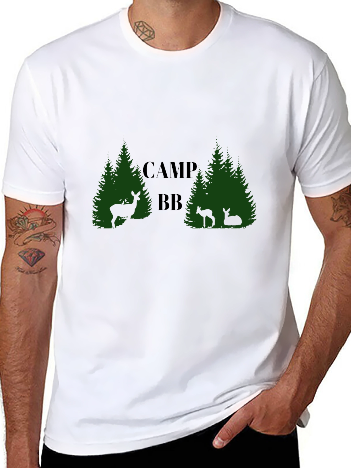 Camp BB Black T-Shirt with Deer and Tree Design