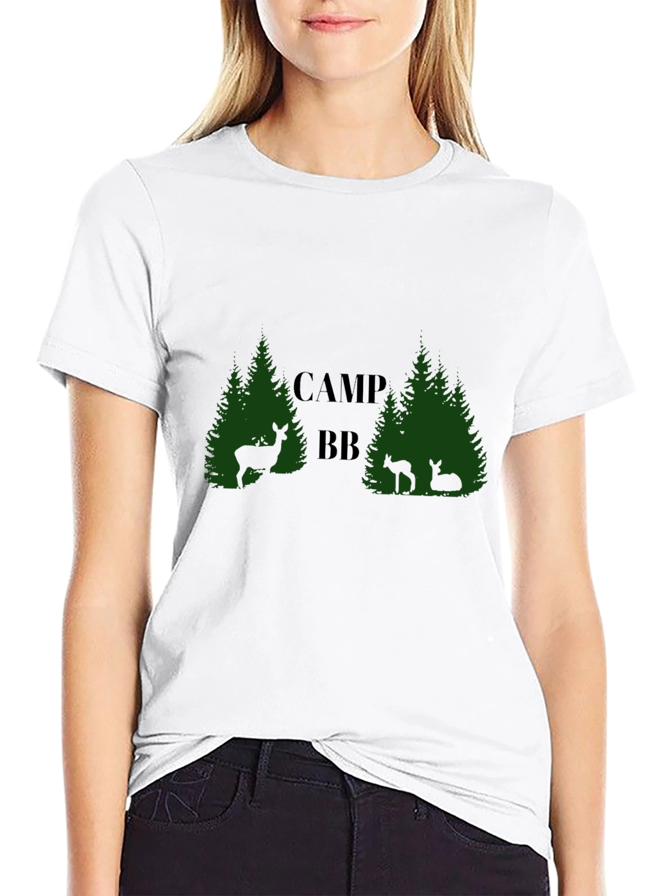 Camp BB Black T-Shirt with Deer and Tree Design