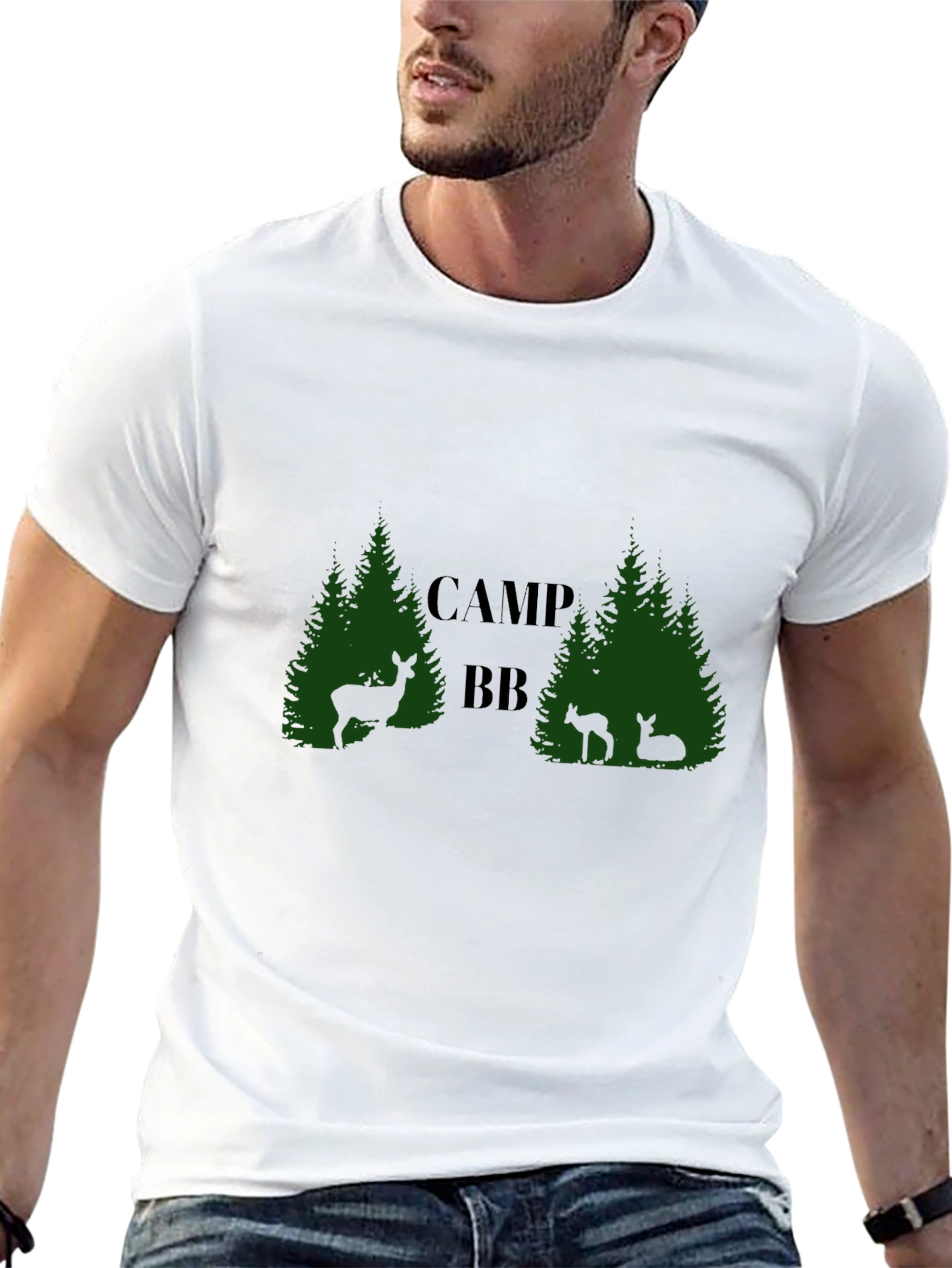 Camp BB Black T-Shirt with Deer and Tree Design