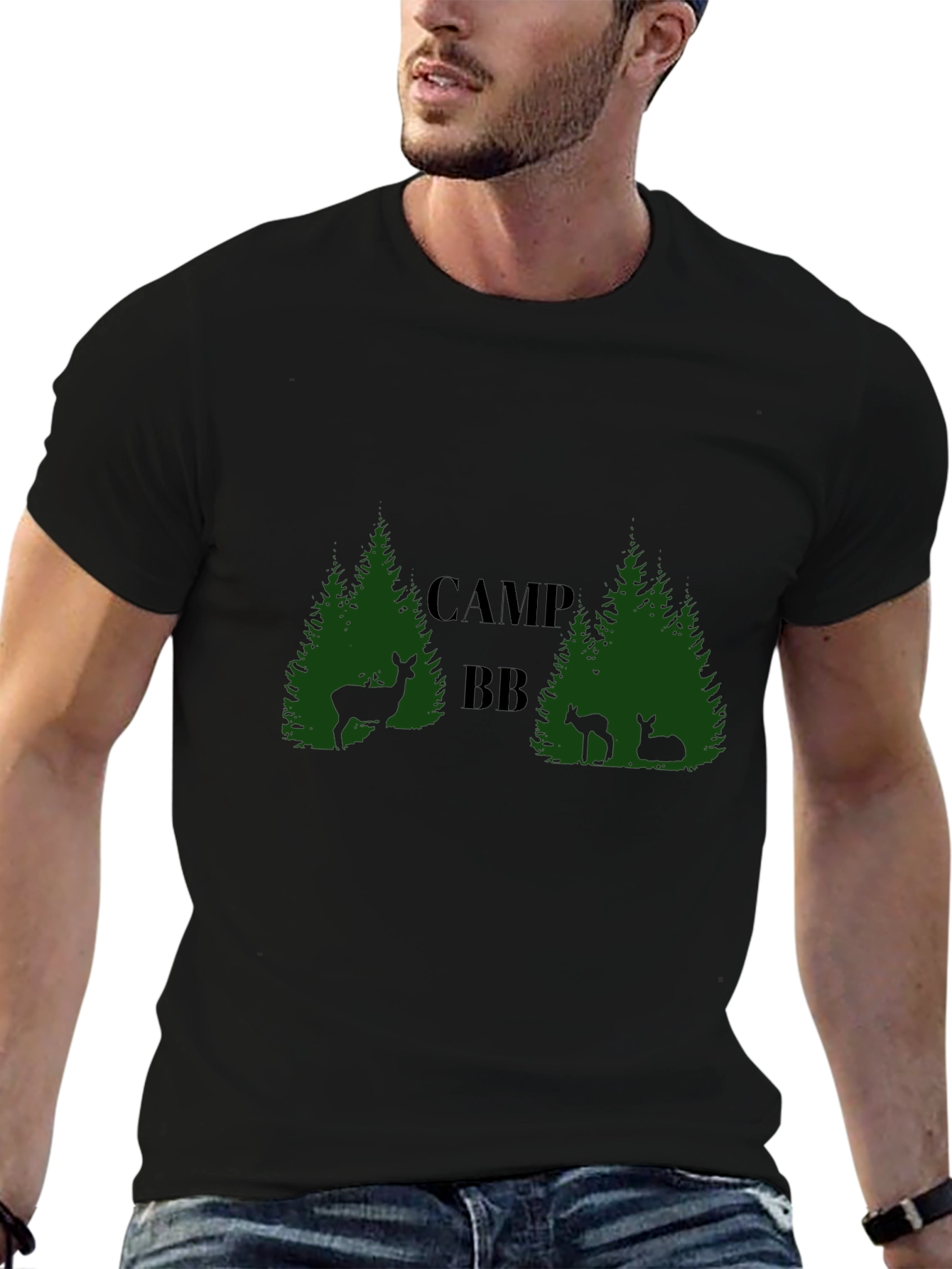 Camp BB Black T-Shirt with Deer and Tree Design