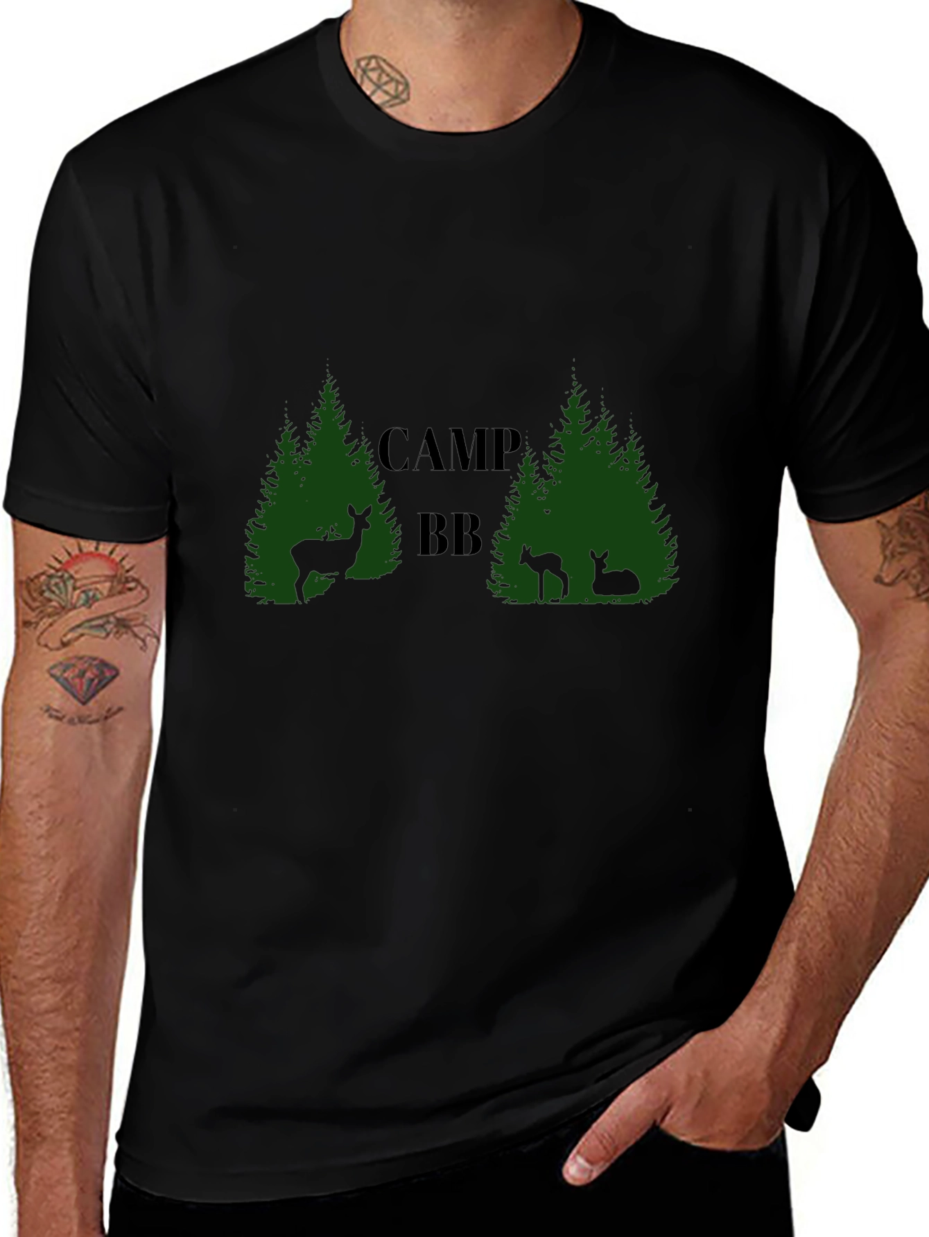 Camp BB Black T-Shirt with Deer and Tree Design
