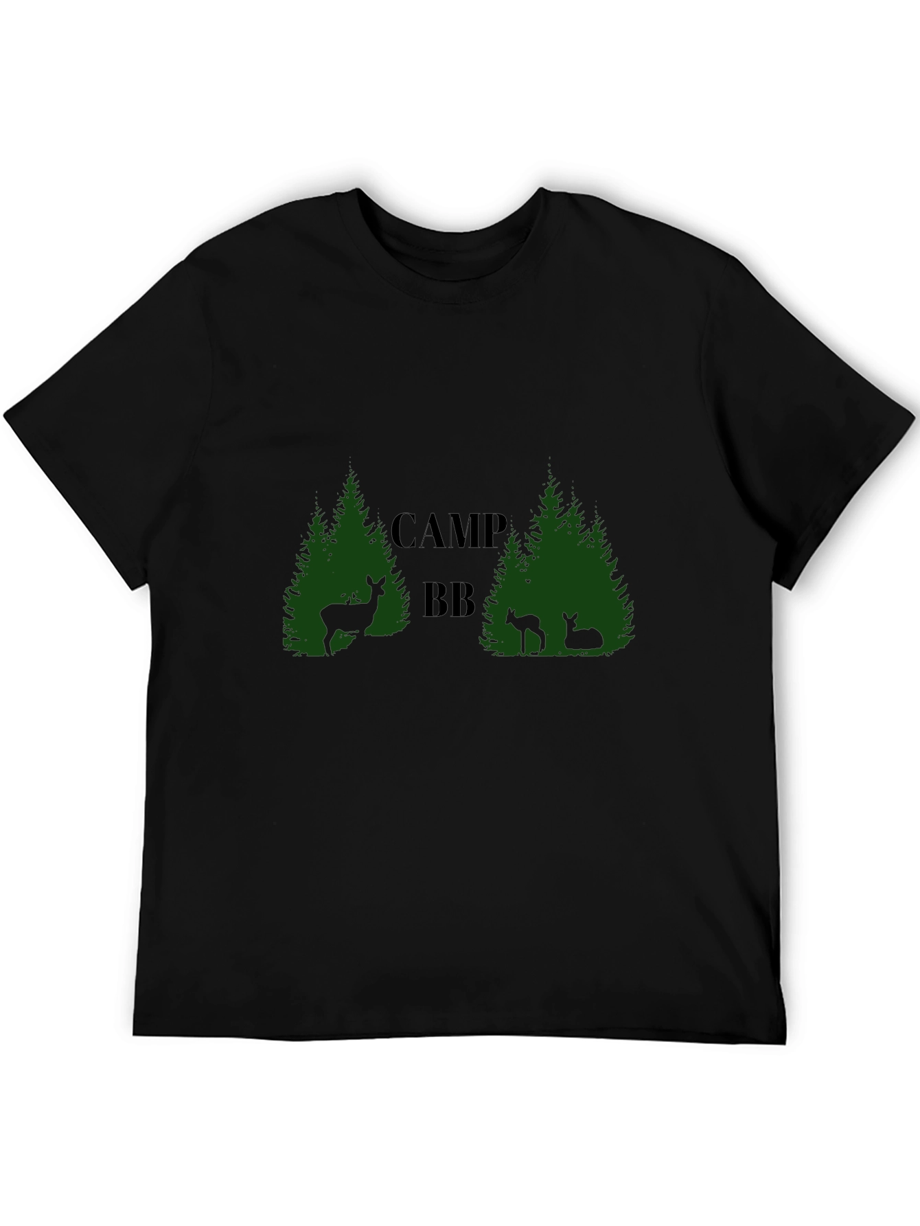 Camp BB Black T-Shirt with Deer and Tree Design