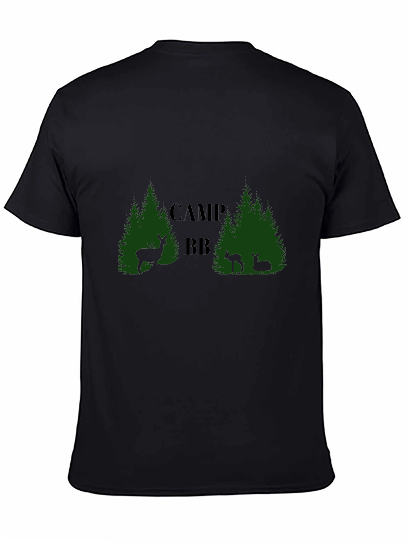 Camp BB Black T-Shirt with Deer and Tree Design