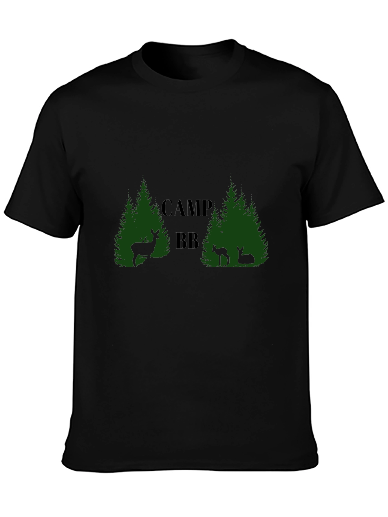 Camp BB Black T-Shirt with Deer and Tree Design