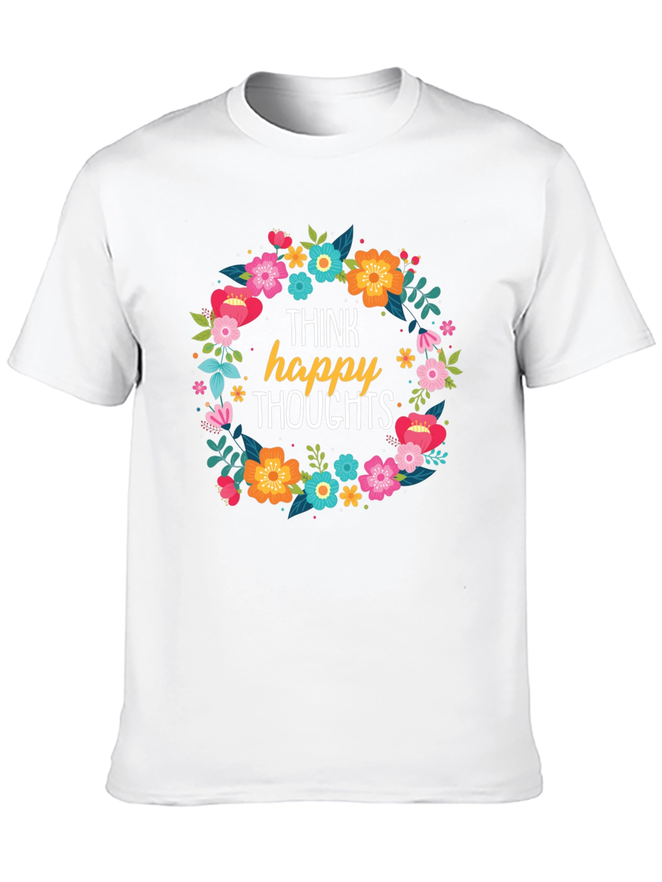 Think Happy Thoughts Floral Wreath Black T-Shirt