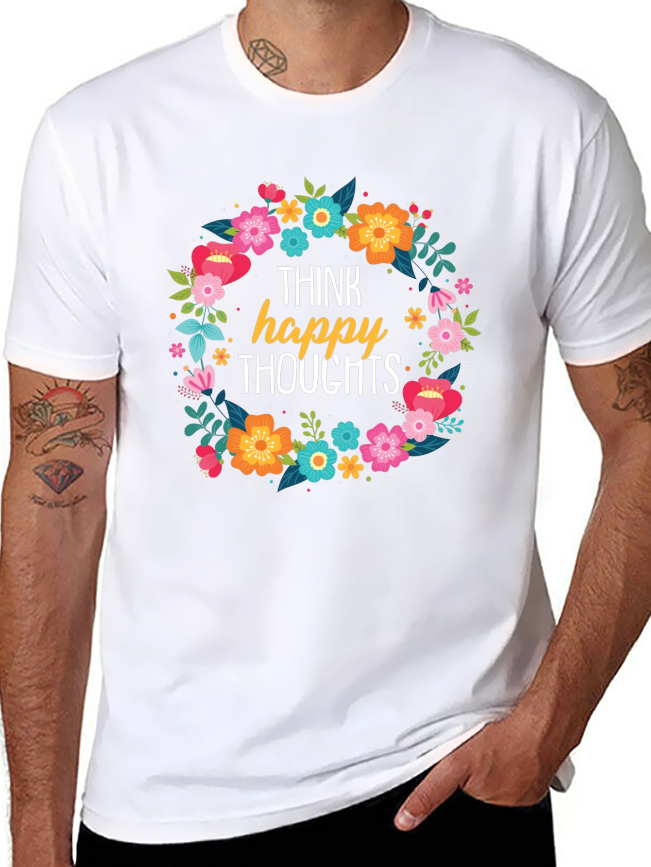 Think Happy Thoughts Floral Wreath Black T-Shirt