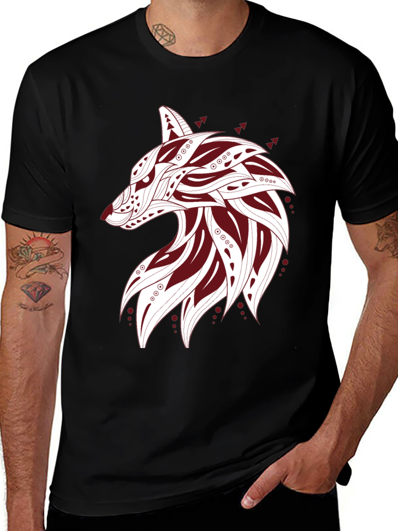 Tribal Wolf Graphic Tee - Stylish Black T-Shirt