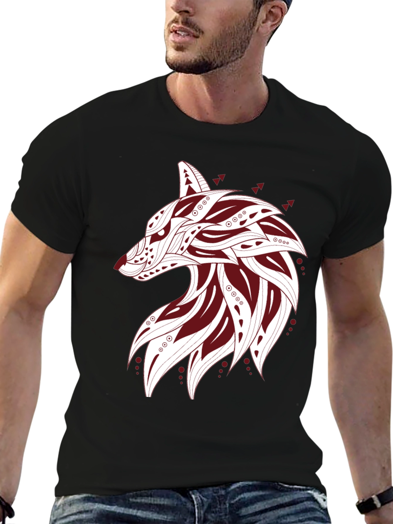 Tribal Wolf Graphic Tee - Stylish Black T-Shirt