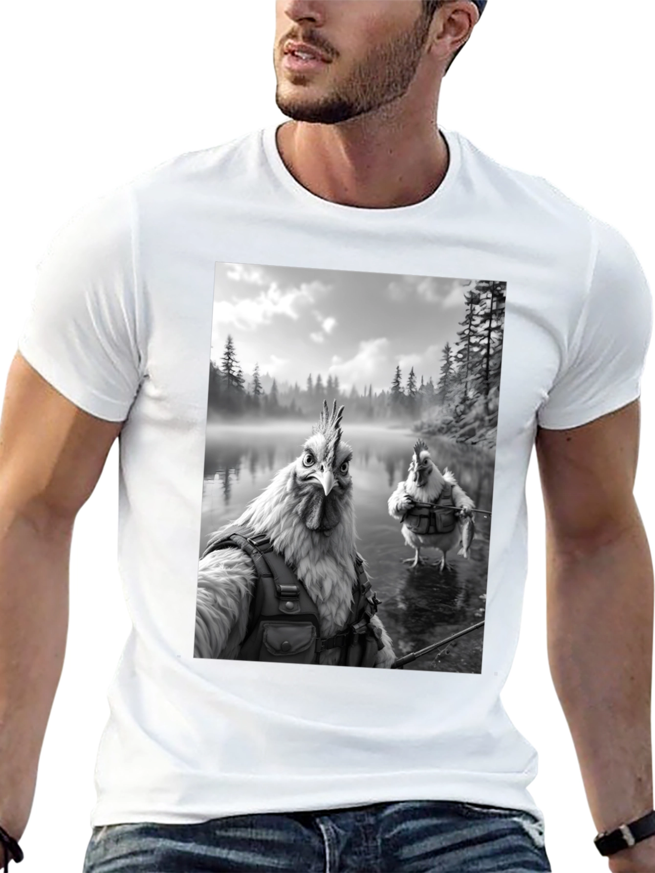 Humorous Chicken Fisherman Graphic Tee