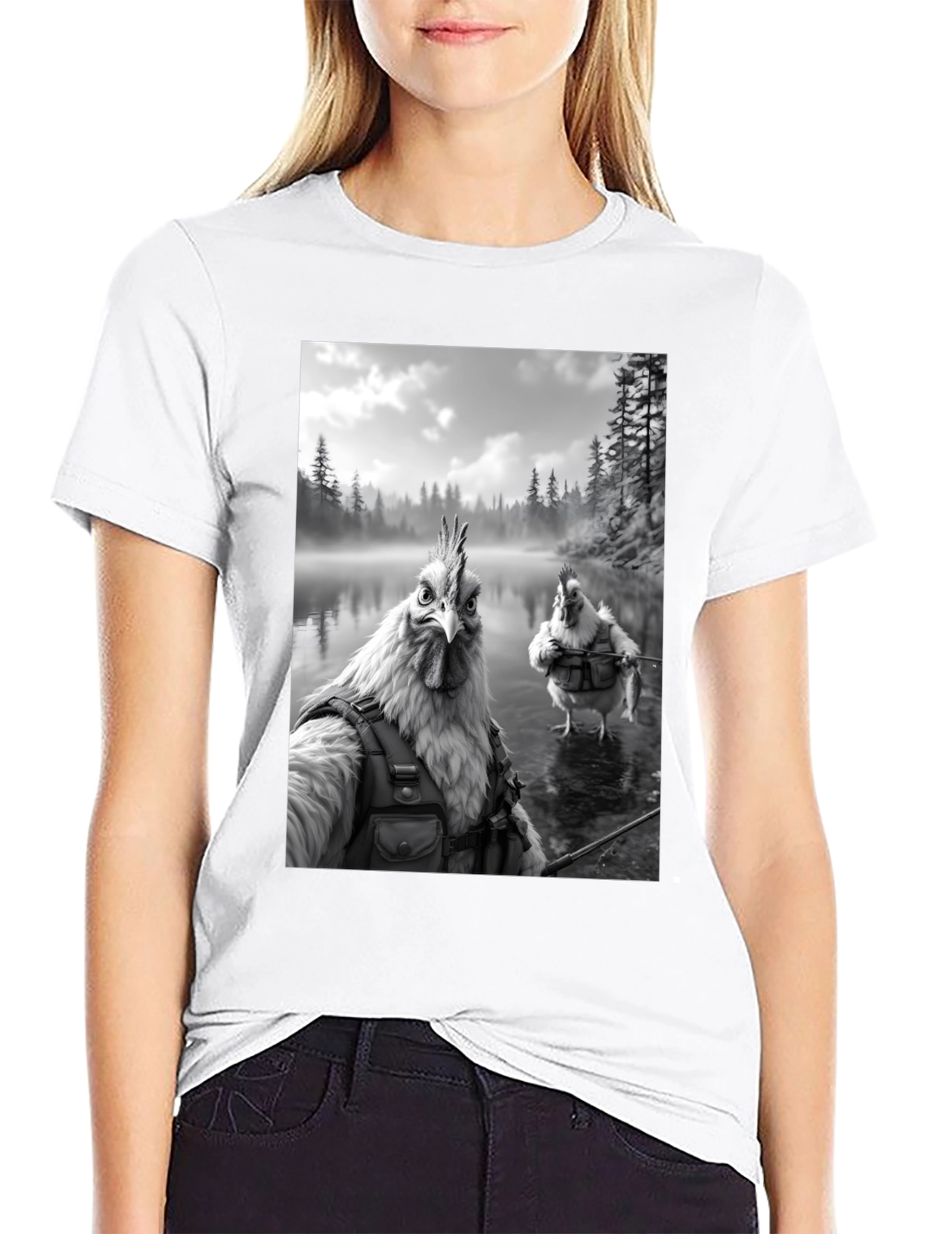 Humorous Chicken Fisherman Graphic Tee