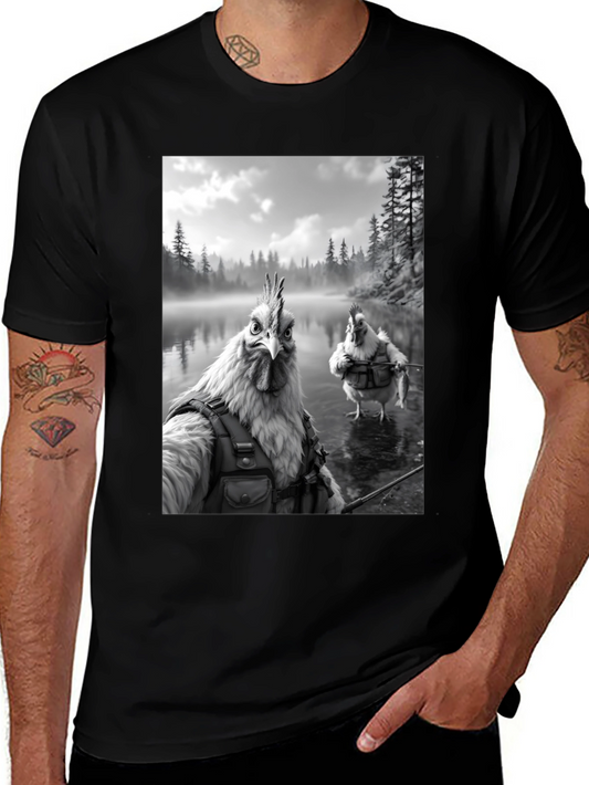 Humorous Chicken Fisherman Graphic Tee