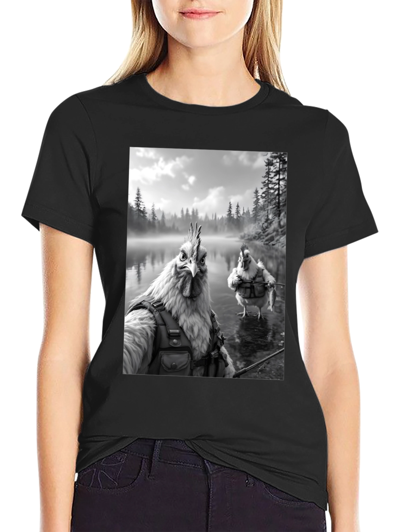 Humorous Chicken Fisherman Graphic Tee