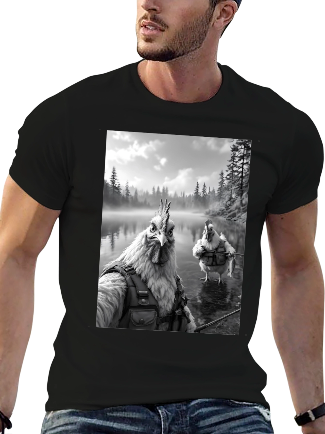 Humorous Chicken Fisherman Graphic Tee