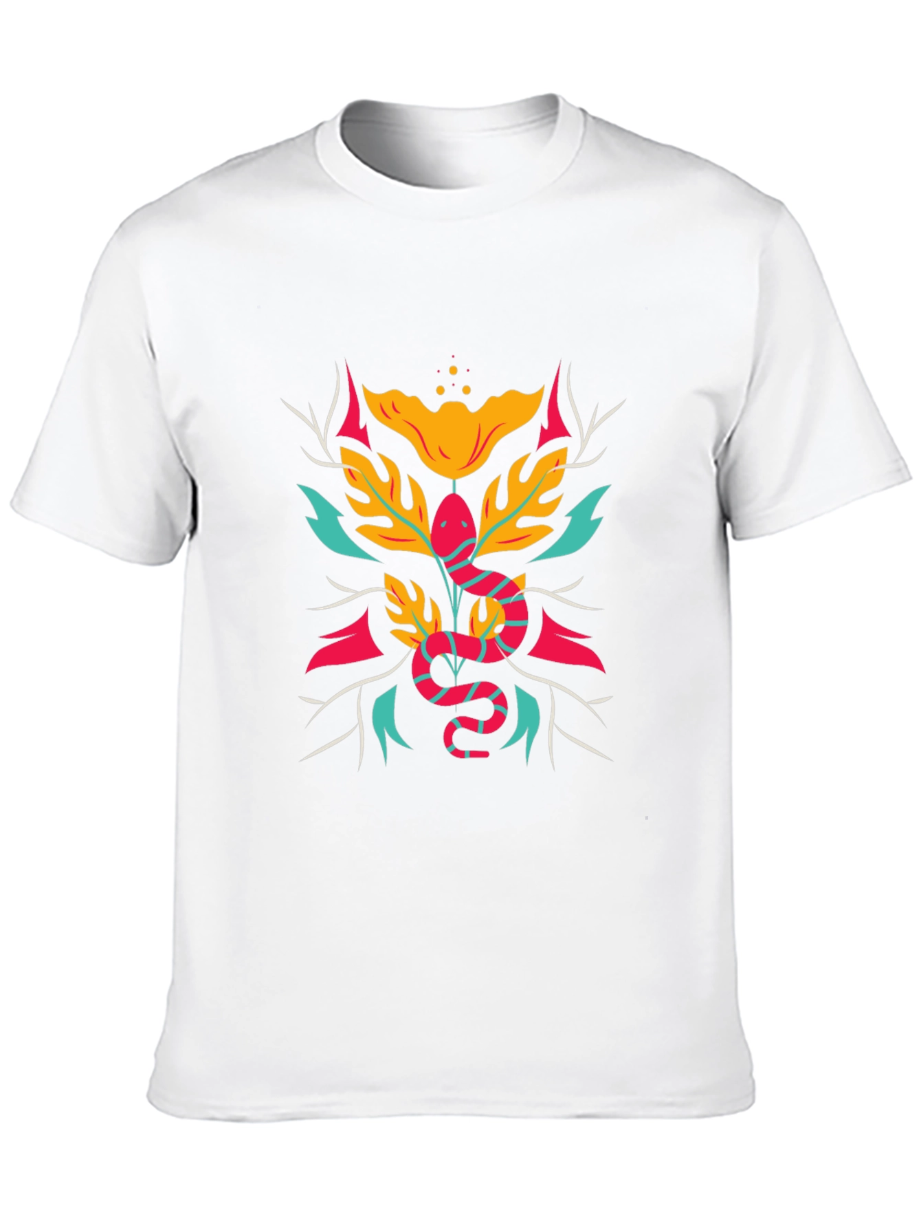 Stylish Snake & Floral Graphic Tee - Black