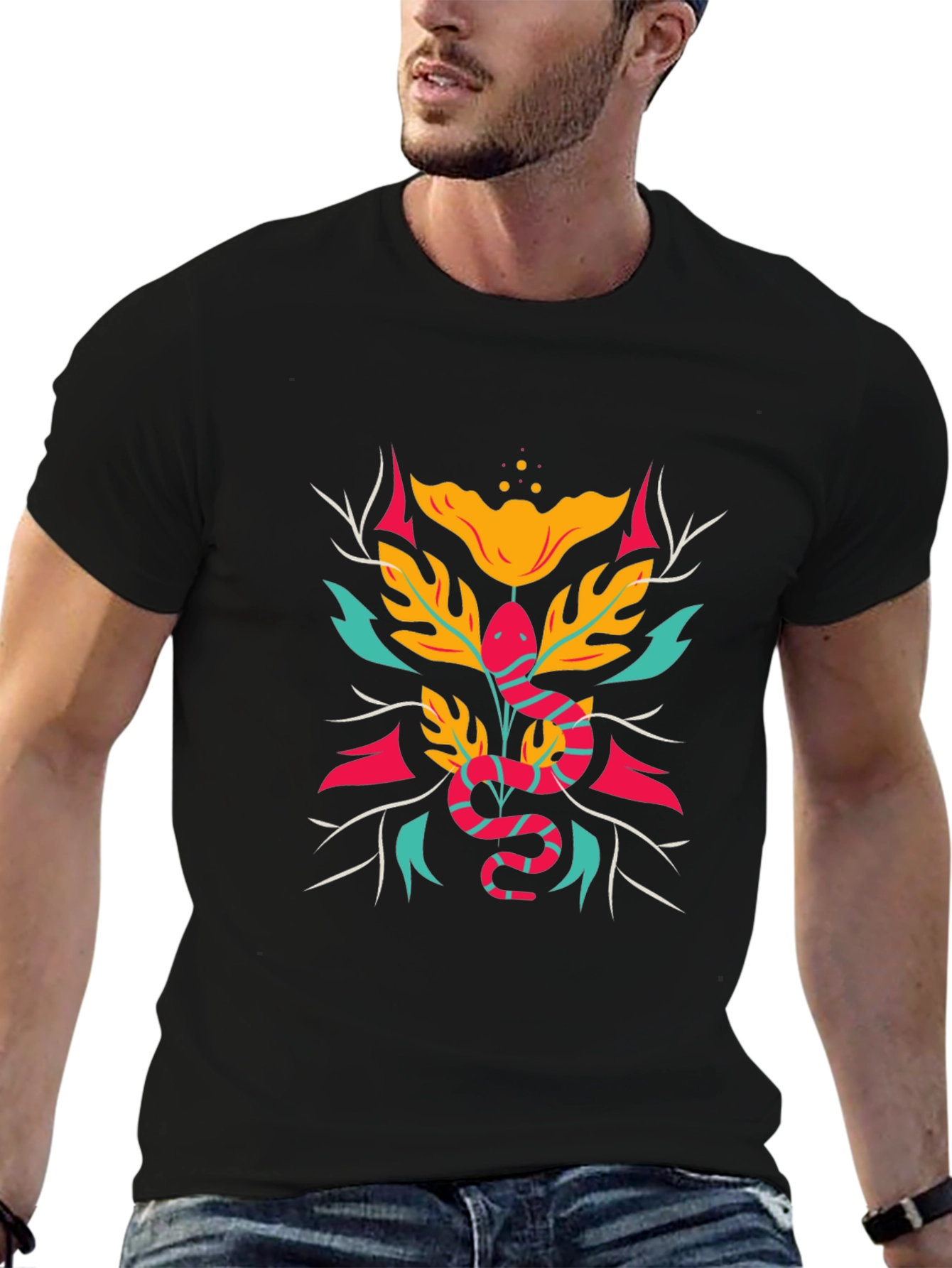 Stylish Snake & Floral Graphic Tee - Black