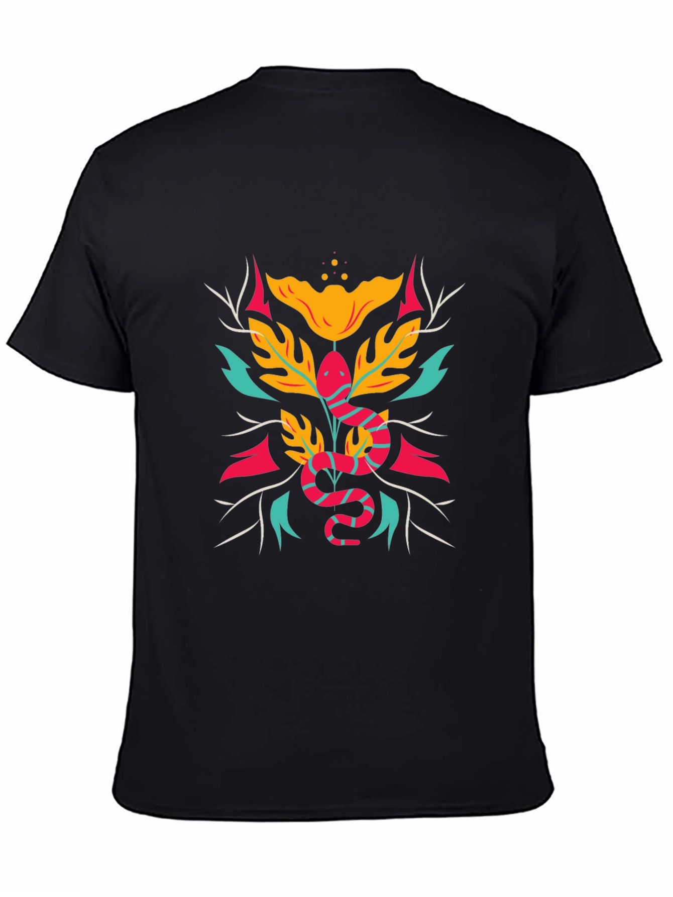 Stylish Snake & Floral Graphic Tee - Black