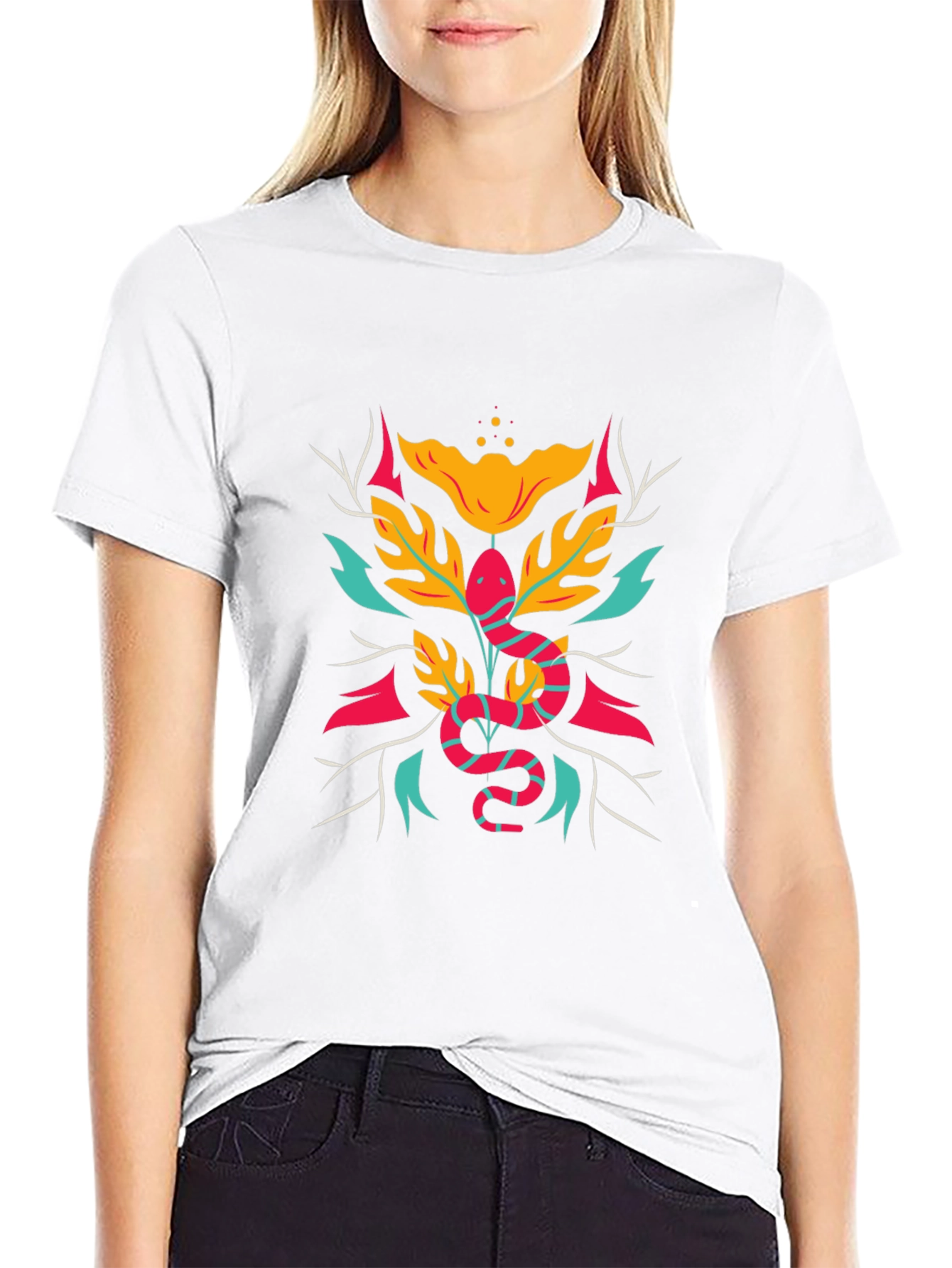 Stylish Snake & Floral Graphic Tee - Black