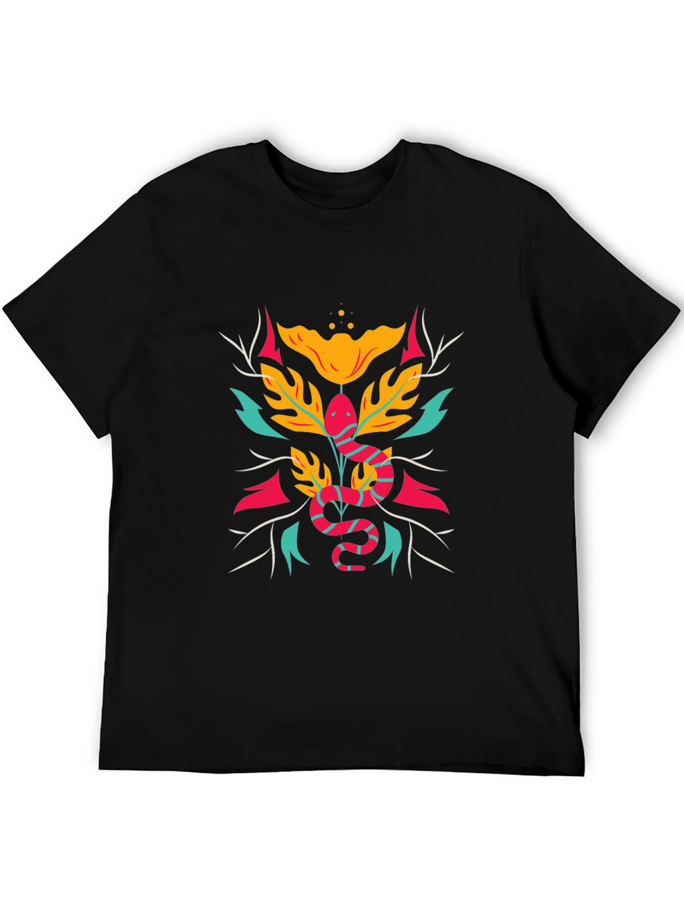Stylish Snake & Floral Graphic Tee - Black
