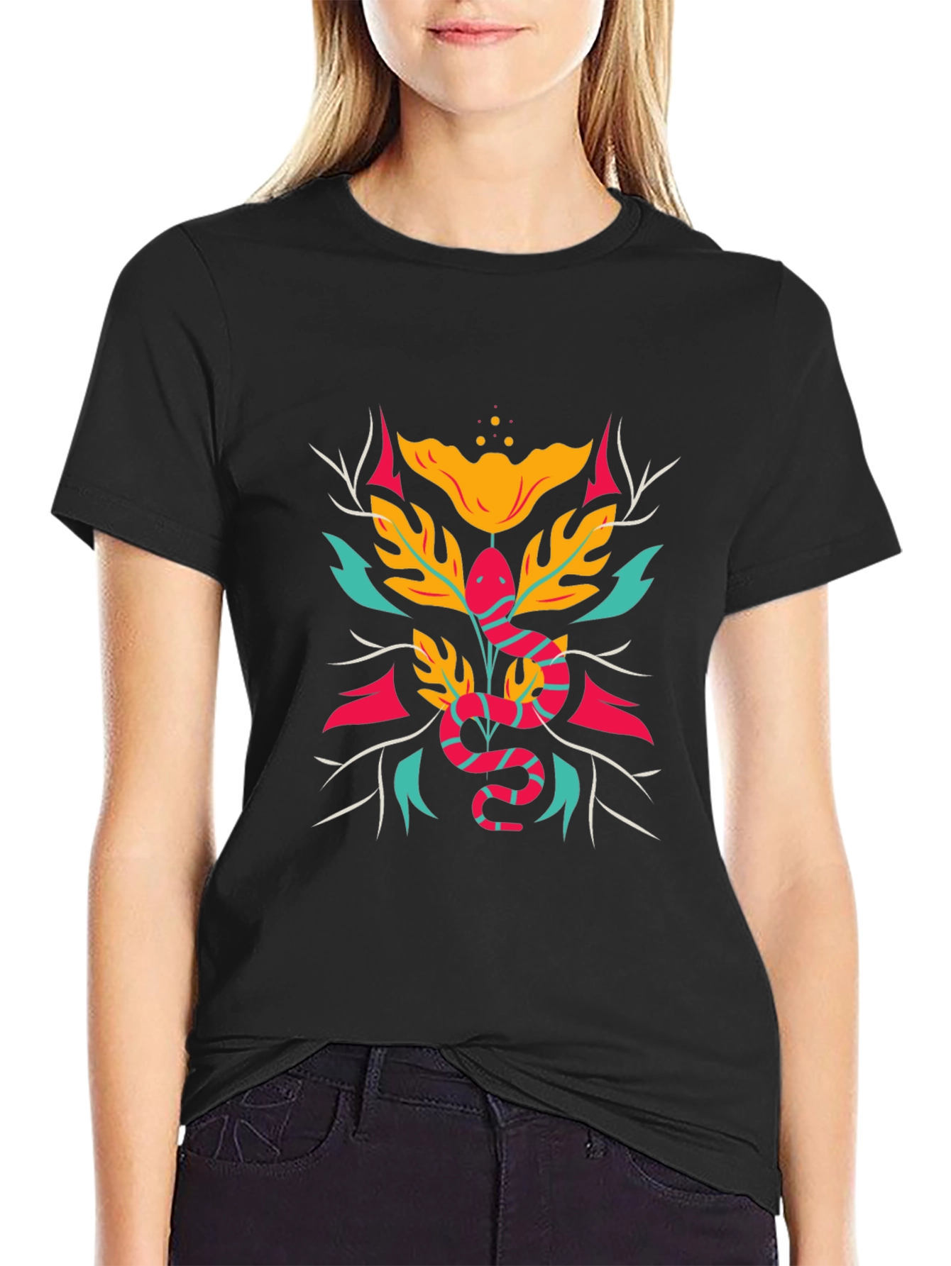 Stylish Snake & Floral Graphic Tee - Black