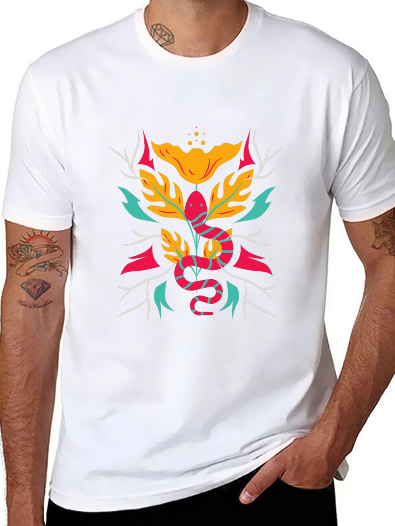 Stylish Snake & Floral Graphic Tee - Black