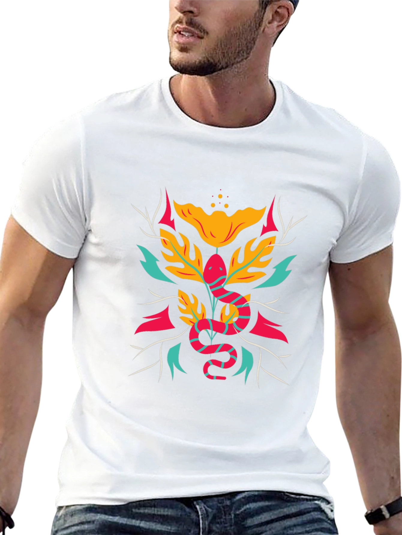 Stylish Snake & Floral Graphic Tee - Black