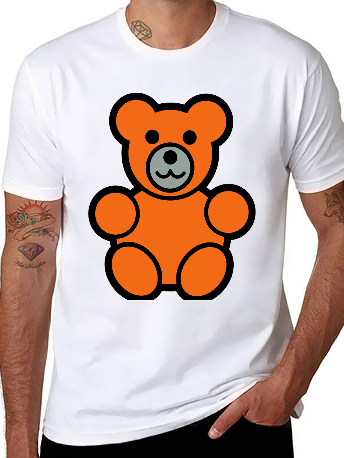 Orange Teddy Bear Graphic Black T-Shirt