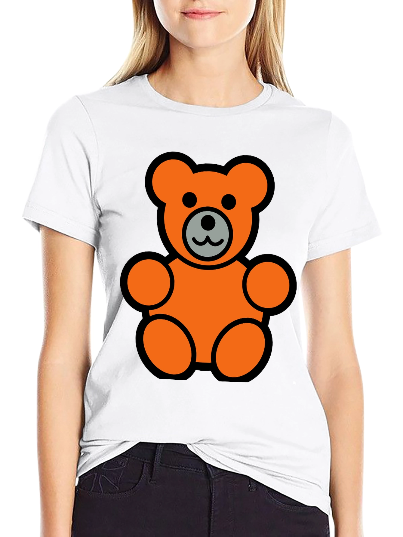 Orange Teddy Bear Graphic Black T-Shirt
